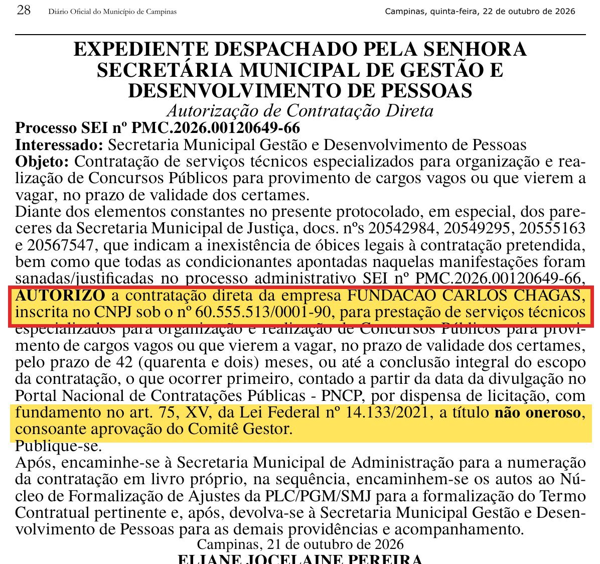 Autorização da contratação da FCC no Diário Oficial de Campinas