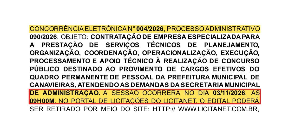 Aviso da Concorrência 004/2026 de Canavieiras