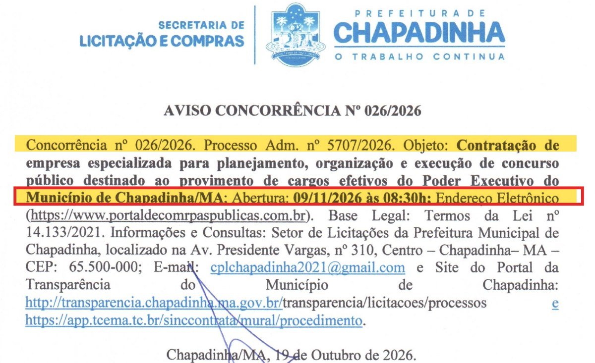 Aviso da Concorrência 026/2026 de Chapadinha