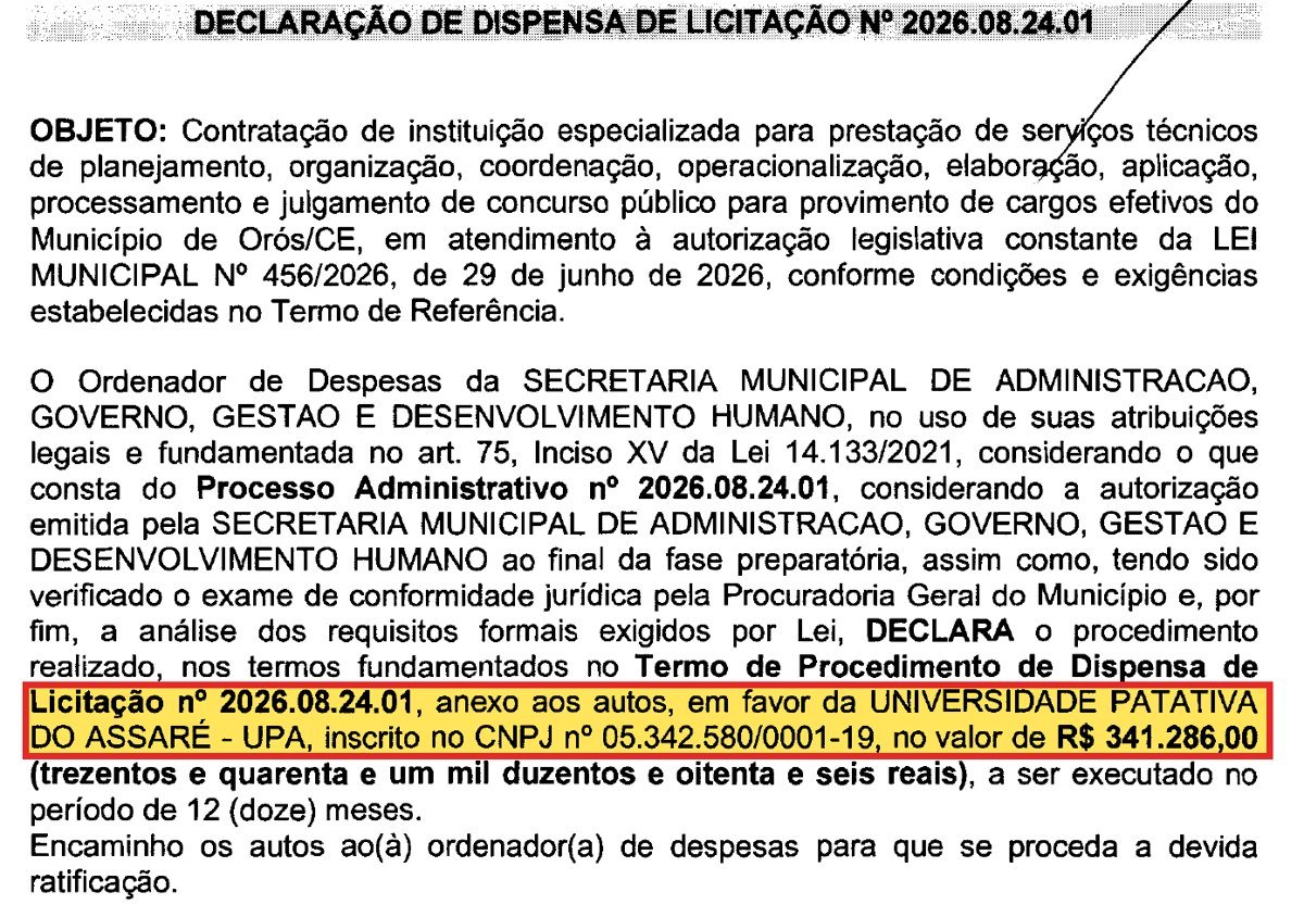 Declaração de dispensa que contratou a UPA em Orós