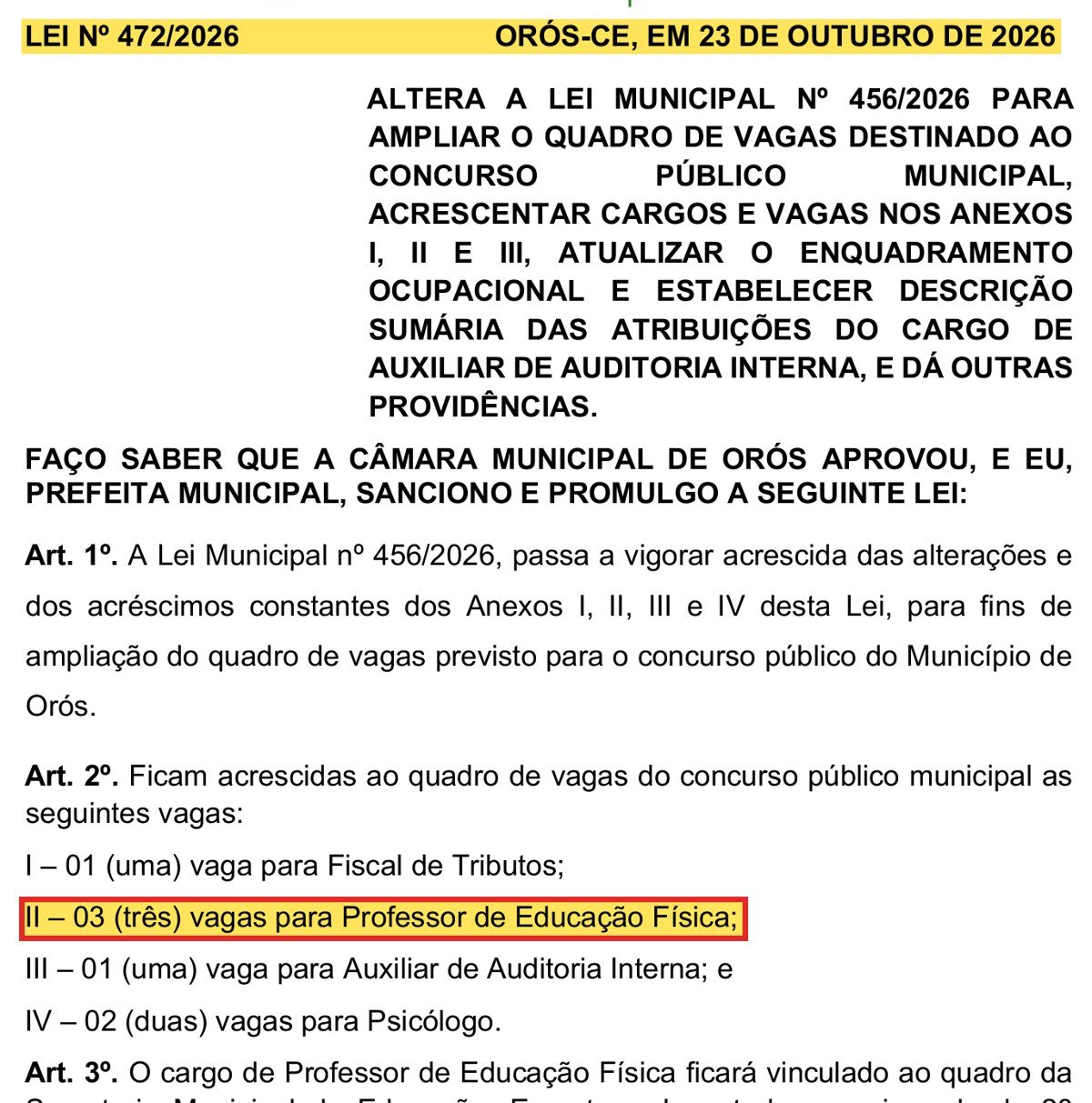 Lei 472/2026 de Orós