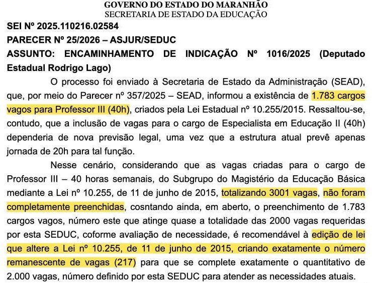 Parecer 25/2026 ASJUR SEDUC recomenda lei para criar 217 cargos